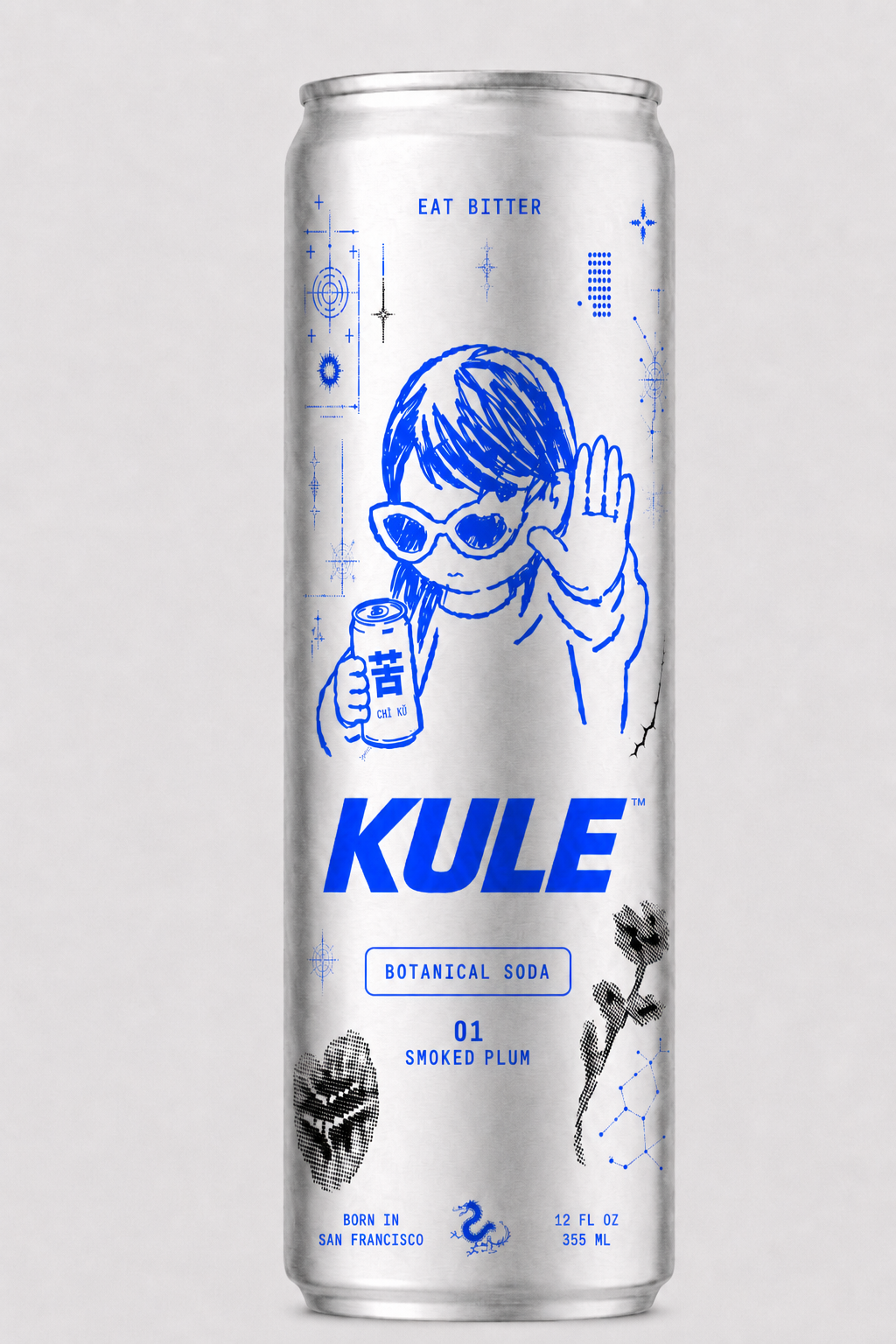 KULE 12oz sleek can — silver with cobalt blue mascot and 01 Smoked Plum